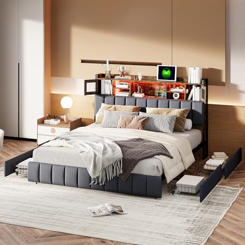 BRILVERDE Einzelbett 90x200 mit Stauraum, LED/USB, Jugendbett mit kopfteil, Bettgestell mit Lattenrost, Bettrahmen für Jugendliche (Grau-Big, 90 x 200 cm)