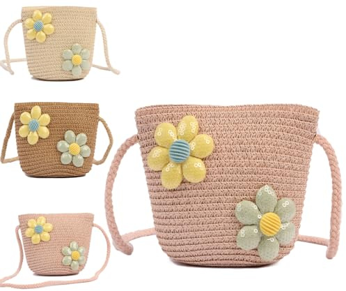 Minicloss Girl Shoulder Bag Cute Floral Straw Crossbody Bags Little Girl Handbags Braided Shoulder Bag for Kids Shopping Purse (Pink)