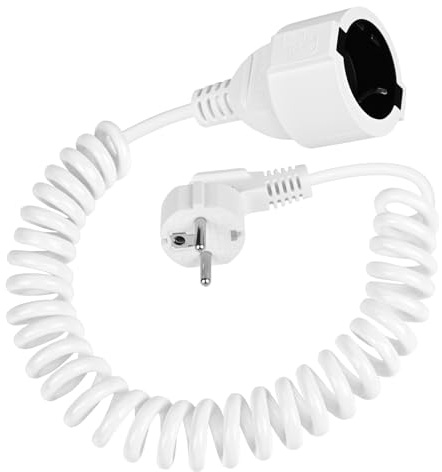 Pfloge® Cavo di prolunga Schuko estensibile a spirale da 0,6 m a 2 m Max, contatto di protezione a spirale (230 V/16 A), cavo a spirale 3 x 1,0 mm², spina Schuko con frizione per casa, ufficio