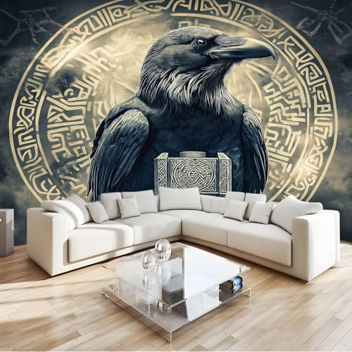 Papel Pintado Logotipo De Runa De Cuervo Animal Retro 300 x 210 cm Fotomurales decorativos modernos de pared en tejido no tejido Gris, para murales fotográficos para salón o dormitorio