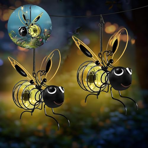 BIZOI Bee Solar Lights Outdoor Garden, 2Pcs Hanging Metal Bees Lanterns, Solar Hanging Insect Simulation Light, Waterproof LED Bugs Lantern Decoration for Patio Yard Pathway Balcony