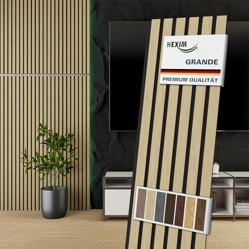 HEXIM Akustikpaneele 10 Stück 140x30cm Holz Grande - Wandpaneele Platten Lamellen Holzpaneele Echtholzfurnier 21mm Filz Schalldämmung MDF Hellbraun (4,19m² Light Oak)