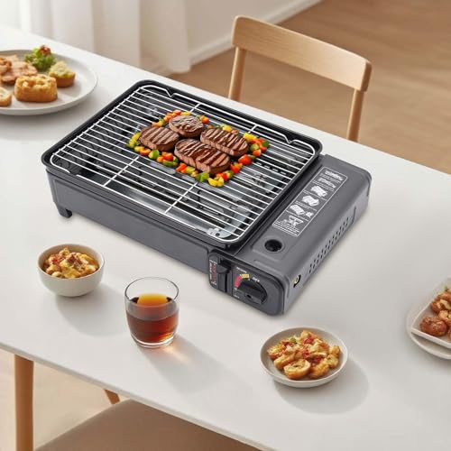 Gasgrill Tragbar, Kompakt Robust Camping Grill mit Netz & Platte, Windschutz & Druckventil, für Garten, Balkon, Outdoor BBQ – Schwarz, 41.5x28x11cm