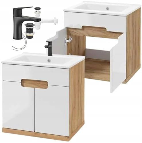 .Deftrans - Lavabo con mobiletto da 50 cm – Appeso mobili da bagno ospiti WC – Mobile sottolavabo piccolo con armadio, rubinetto, scarico a clic e sifone – rovere bianco lucido