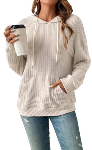 Decorie Kapuzenpullover Damen Hoodie Elegant Pullover Langarm Casual Sweatshirt Strickpullover mit Kapuze Lamgarmshirt Oberteil Kapuzenpulli für Herbst Winter (Beige,XL)