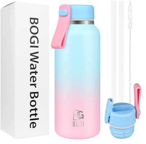 BOGI 350ml Small Metal Water Bottle with Straw, 2 Lids（Loop&Straw） Kids Stainless Steel Water Bottle for School LeakProof Double Wall Vacuum Drinks Bottle Keep 12h Hot & 24h Cold | Sky Blue Pink