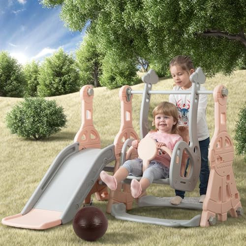 Rutsche Outdoor, 4 in 1 Kinderrutsche Mit Schaukel, Klettergerüst, Basketballkorb, Indoor Outdoor Kinder Spielplatz, Freistehende Rutschen Für Kinder (Rosa, 4 in 1)