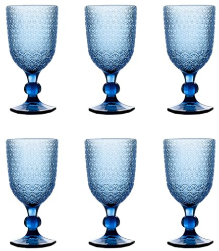 Evviva Set 6 calici vino 300 ML in vetro colorato e decoro geometrico a rilievo Mozart (Blu)