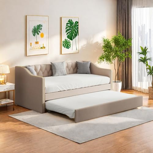 Dormely Canapé-lit gigogne 90 x 200, Cadre de lit avec sommier à Lattes, Canapé Convertible Extensible pour Adolescent Adulte, accoudoirs Plus épais, Beige Tissu Lin, sans Matelas