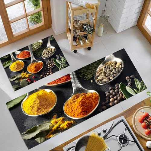 JEDTAKCT Natürliche Gewürze Küchenmatten 2Er Set, 43X75Cm+43X150Cm Küchenteppich Waschbar rutschfest, Küchenteppiche, Schwarz Küchenläufer Für Badezimmer Zuhause Büro (Kochillustrationen)