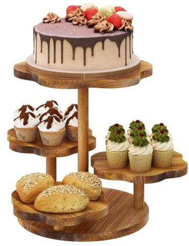 RATSTONE Présentoir à Cupcakes En Bois à 4 Niveaux,Support à Dessert,Presentoir a Gateau En Bois,Pour Fête d'Anniversaire,Mariage,Fête Prénatale,Fête à La Maison(Marron,festonné)