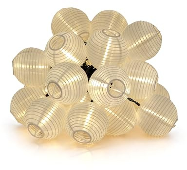 AVENDO Lampion Lichterkette Outdoor 10m – 50 Lampions, Solar, LED, warmweiß | 8 Modi, IP65 Wetterfest, Fernbedienung, reißfestes Nylon, hochwertiges Solarpanel, Lichterkette Außen für Garten, Balkon etc.