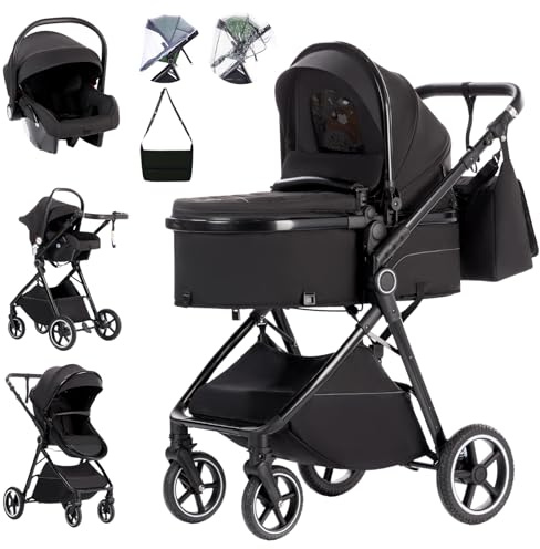 Zkiprm Baby Pram 3 in 1 with Seat, Foldable Carrycot Baby Stroller, Pram Set Travel with Adjustable-Height Push Handle, Present Rain Cover, Mosquito Net, Bag, Cooling Mat, Wristband for Ages 0–3