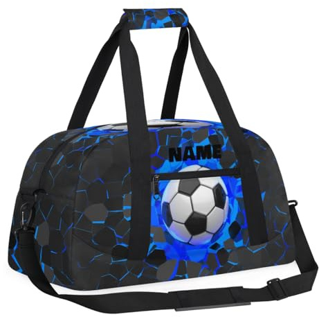 Personalized Name Sports Bag for Kids Boys, Custom Gym Duffel Fitness Travel Weekender Tote Carry-On Training Perform Bag, Soccer Black Blue