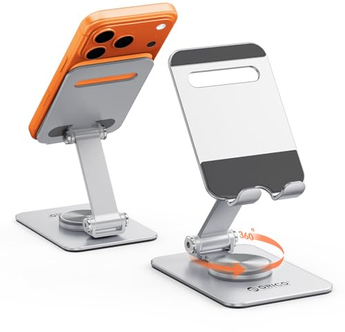 ORICO 360°-Drehbarer Handy Ständer, Verstellbarer & Klappbarer Handyhalterung Tisch, Tragbarer Aluminium Handyhalter für iPhone 17/16/15/14/13/12 Pro Max & Smartphones bis 6,9 Zoll –PS2, Silber