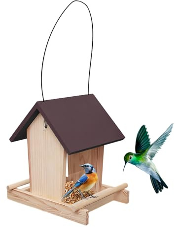 Vogelfutterstation aus Holz – Futterspender in Hausform – Sitzstange für Papageien aus Holz mit Stange und Seil Oben, für Wellensittiche, Kolibri, Finken, Balkon, Terrasse, ob