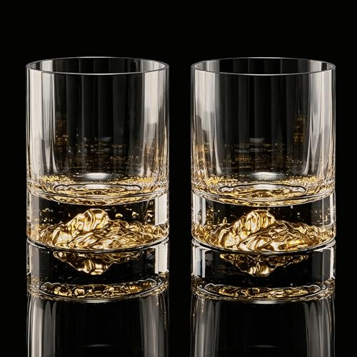 DUJUST Whiskey Glasses Set of 2(330ml),Gold Mountain Design, Rocks Glasses for Bourbon, Scotch, Cocktail Tasting at Home Bar, Heavy Crystal Old Fashioned Glass, Unique Gift Chioce, BPA-Free&Lead-Free