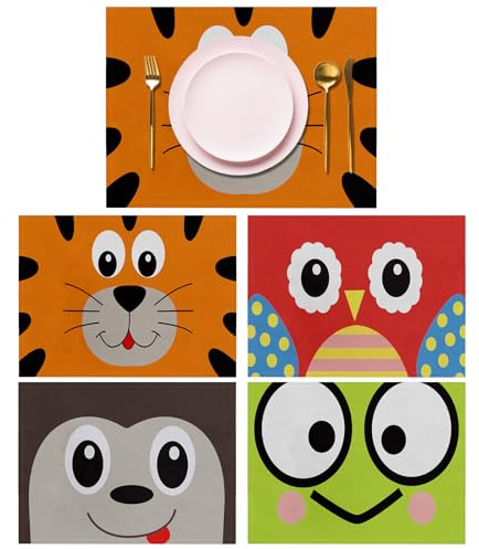 Lvjkes 4 Stück Cartoon Tiere Platzset, 30 x 45 cm Tischsets Abwaschbar | Handgenähte Bedruckte Tischsets, rutschfeste Tischset Platzsets aus Leinen, Geeignet für Küche, Wohnzimmer, Esszimmer, Bar
