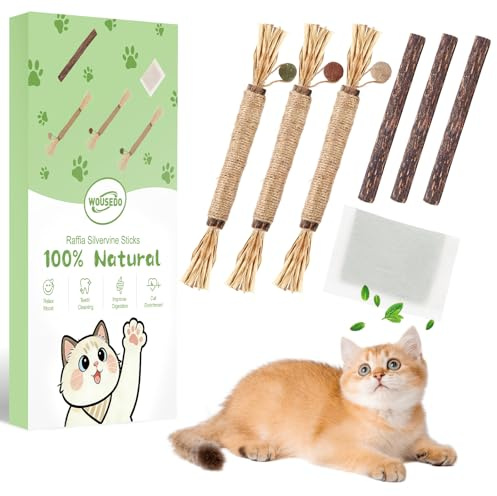 WOUSEDO 7 Pack Silvervine Sticks Cat Toy for Cats with Catnip & Matatabi Ball, Natural Chew Toys for Anxiety Relief & Dental Care, Teeth Cleaning Sticks for Indoor Cats & Kittens