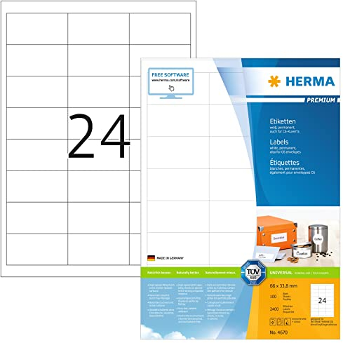 HERMA 4670 Adressetiketten, 100 Blatt, 66 x 33,8 mm, 24 pro A4 Bogen, 2400 Stück, selbstklebend, bedruckbar, matt, blanko Papier Adressaufkleber Etiketten, weiß