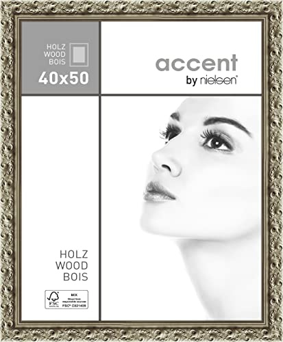 accent by nielsen Holz Bilderrahmen Arabesque, 40 x 50 cm, Silber | Holz Posterrahmen im Hoch- & Querformat zum Aufhängen Silber matt Echtglas