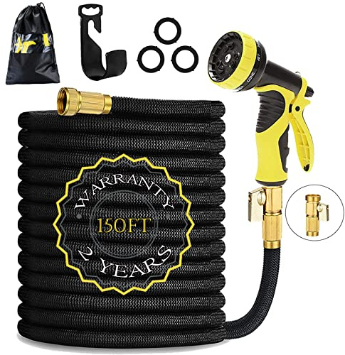 HmiL-U Garden Hose 150ft 45m Strongest Double Latex Inner Tube Prevent Leaking Magic Hosepipe with 9 Function Spray Gun+Solid Brass Fittings (Retracted Length 50ft)【2 YEARS 100% Guaranteed】(150ft)