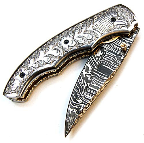 9428, Coltello damasco artigianale - Coltello pieghevole - Coltello da campeggio - Coltello tascabile - Coltello da collezione - Con fodero in pelle - Coltello di alta qualità 100%