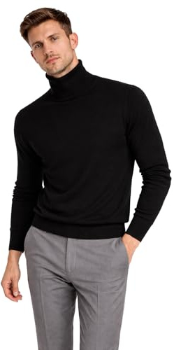 Cashmeren Men's Essential Knit Turtleneck Sweater 100% Merino Wool Long Sleeve Roll Neck Pullover (Black, Large)