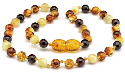 Baby J's - Multicoloured Amber Necklace - 100% Baltic Amber & Semi-Precious Stones - Knotted to Prevent Scattering - With Gift Pouch and Certificate of Authenticity - 32cm