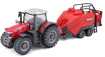 Bburago Die-Cast MASSEY FERGUSSON 8740S TRACTOR with Workiing BALER LIFTER - Detailed Replica Collectible Model Toy, Red