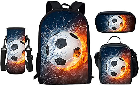 Howilath 43 cm fotboll basket ryggsäck set tonårstjejer skolväskor axel bokväska lunchlåda pennfodral flaska väska 4 i 1, Fotboll eld vatten, 17 inch (4PCS Set), Set med skolväskor