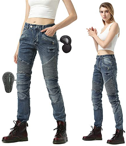 SHUOJIA Pantaloni Da Moto, Per Donna, Jeans In Denim Per Motociclismo Con Armatura E 4 Ginocchiere (Blue,S)