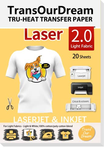 TransOurDream Tru-Transfer Paper Laser Inkjet Printer for Light Fabric 20 Sheets A4 Iron on Heat Transfer Paper for T Shirt Printing Paper Easy to Use Wash Durable Printable Heat Transfer Vinyl