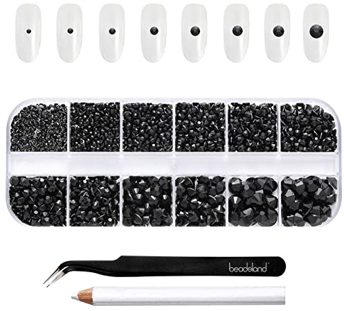 Beadsland 2500pcs Black Flatback Strasssteine, Flatback Gems Round Black Crystal Strasssteine ​​zum Basteln Gemischt 8 Größen SS4 ~ SS30 mit Picking Pinzette und Stift (Schwarz)