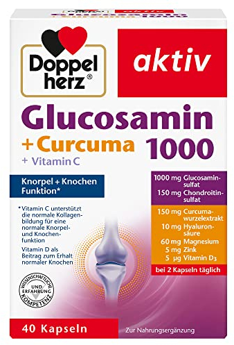 Doppelherz Glucosamin 1000 + Curcuma – Mit Vitamin C als Beitrag zur normalen Kollagenbildung für eine normale Knorpelfunktion – 40 Kapseln