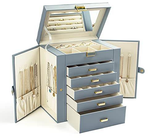 KAMIER 6-stöckiger Schmuckkasten aus edlem Naturholz mit luxuriösem Flanell und großem Spiegel – Geräumige Schmuckschatulle mit seitlich öffnenden Türen für Ringe, Ohrringe & Armbänder, Blaugrau