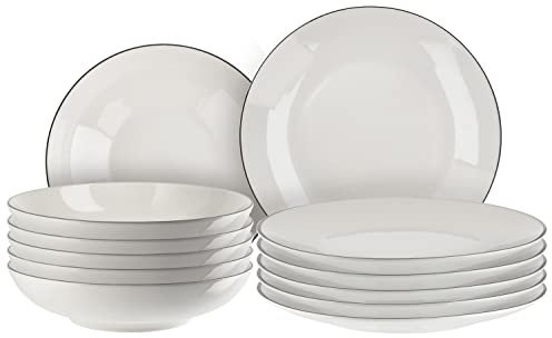 Peill+Putzler Germany, Tafelservice für 6 Personen aus hochwertigem Porzellan, 12-teiliges Geschirrset in weiß mit schwarzem Rand, 6x Speiseteller, 6x Suppenteller