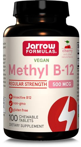 Jarrow Formulas, Methyl B12, 500mcg, Cherry Flavour, 100 Chewable Vegan Tablets, Gluten Free, Vegetarian, Soy Free, GMO Free