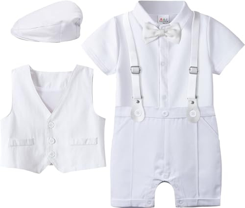 A&J DESIGN Baby Boy Baptism Outfits Christening Suits Toddler Suspender Gentleman Wedding Dress Clothes White 12-18 Months