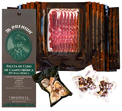 Paleta de Jamón ibérico 7B PREMIUM | Paleta de Cebo de Campo 50% Raza Ibérica | Paleta Pata Negra con 20 Meses de Curación Natural (Loncheada 20X100gr + Tacos)