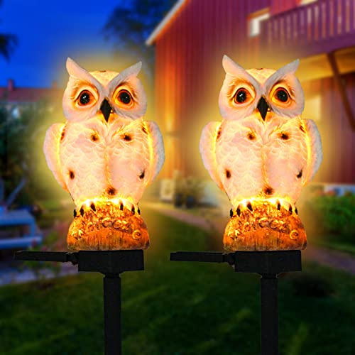 SmilingTown Solar Garden Lights Resin Warm White LED Figure Waterproof Decorations with Stake for Outdoor Yard Pathway Outside Patio Lawn Decor 2 Pack (Owl)