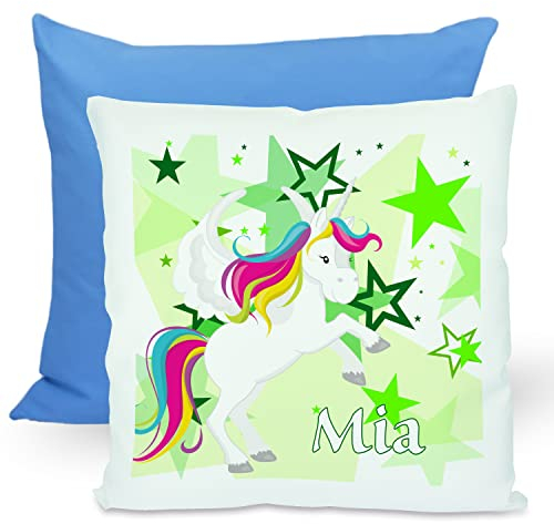 CreaDesign, Kinder Kissen 40x40 cm personalisiert mit Namen, Kinderzimmer Deko Kissen Kinder mit Füllung Federn, Motiv Einhorn Sterne grün, Rückenfarbe Blau