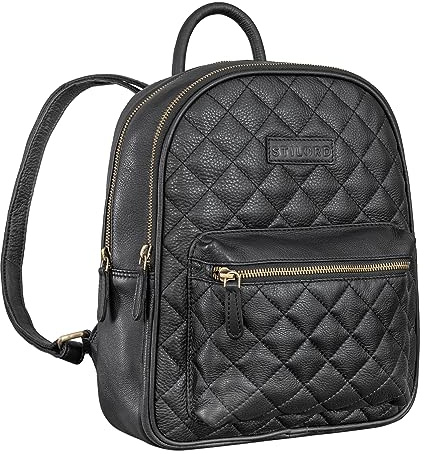 STILORD Elira Rucksack Leder Damen Klein mit Rautenmuster Lederrucksack Vintage Daypack Gesteppte Tasche Cityrucksack Frauen Elegant Echtleder Farbe:schwarz