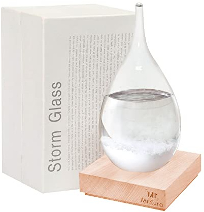 MrMrKura Transparent Storm Glass Weather Forecast Bottle High Class Drop Shaped Decoration with Wood Base Christmas Decoration for Home and Office Desktop Christmas Gift, Large