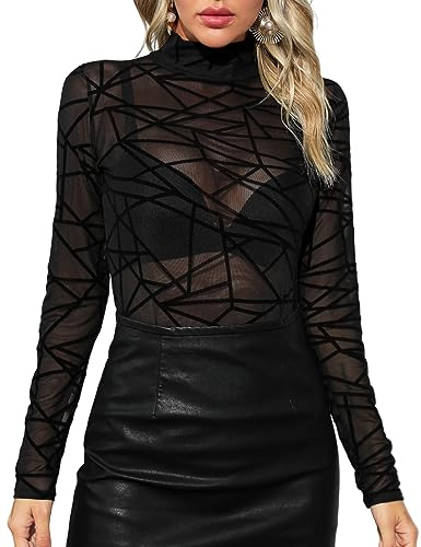 Tuopuda Femmes Bodysuit Jumpsuit Combinaisons Sexy Manches Longue, Body en Maille Haut Dentelle Noir Babydoll, Justaucorps String Top Leotard Club Party Bodycon, Nior-2, S
