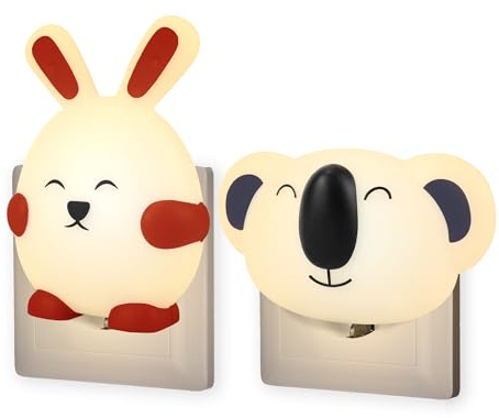 Wetry Luz Nocturna Infantil LED con Sensor Crepuscular Luz Quitamiedos Bebé para Enchufe Lampara Noche Interior para Escaleras, Pasillo, Dormitorio, Cosas Nido Bebe Recien Nacido (Koala x Conejito)