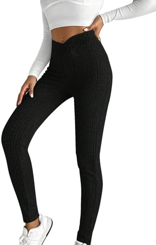 WDIRARA Women's Elastic Waist Leggings Ribbed Knit Casual Long Pants Black Plain Large