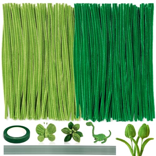 200 Stück Pfeifenreiniger, 2 Verschiedene Grün Pfeifenputzer zum Basteln Chenilledrah Pfeifenreiniger Pipe Cleaner mit Band und Blumenstäbe für DIY Handwerksprojekte Dekorationen (Grün)