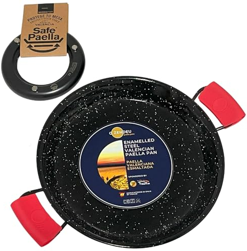 ZENDEU Kit Safe Paella - 4 Servings/Safe Paella Ring + 12 inch (30 cm) Enameled Paella Pan + Silicone Hot Pan Holder (2)