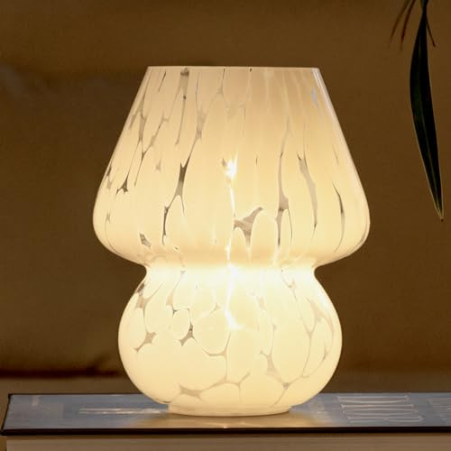 HEQET Cordless Lamp Battery Operated Mushroom Lamp,Cute Glasss Mushroom Table Lamp Aesthetic,for Livingroom,Dining Room,Indoor Outdoor Murano Style,Buld Included (White with Dot), HELAMP023